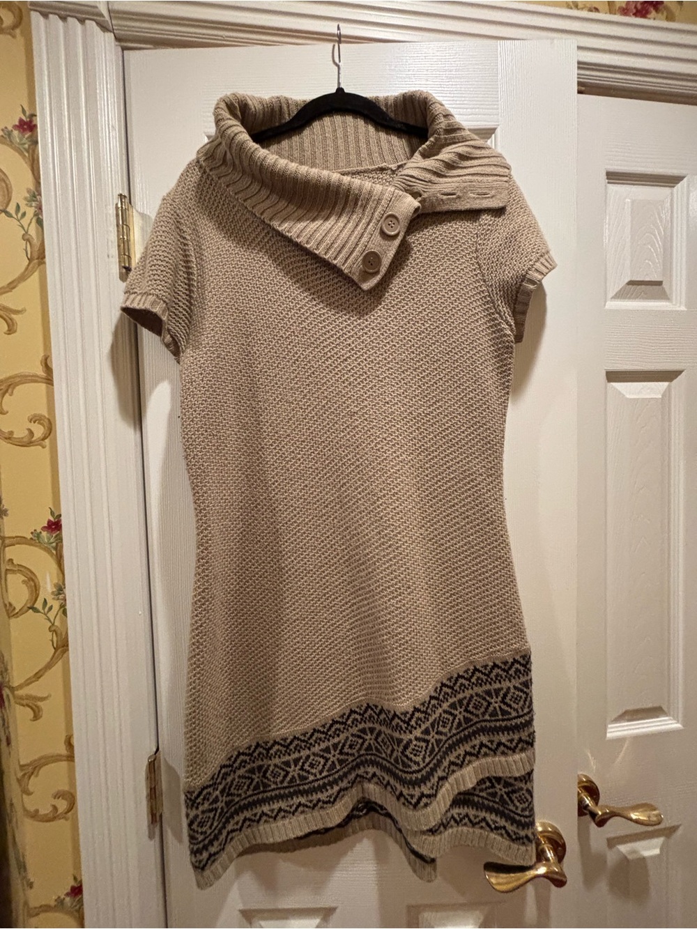 Massini Beige Short-Sleeve Cowl Neck Sweater Dress with Patterned Hem